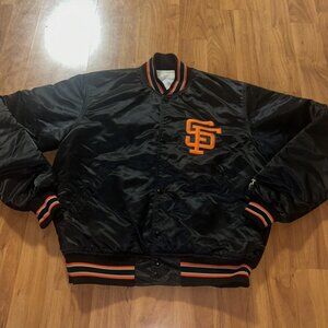 Black and Orange Satin Bomber Jacket with Embroidered SF Patch